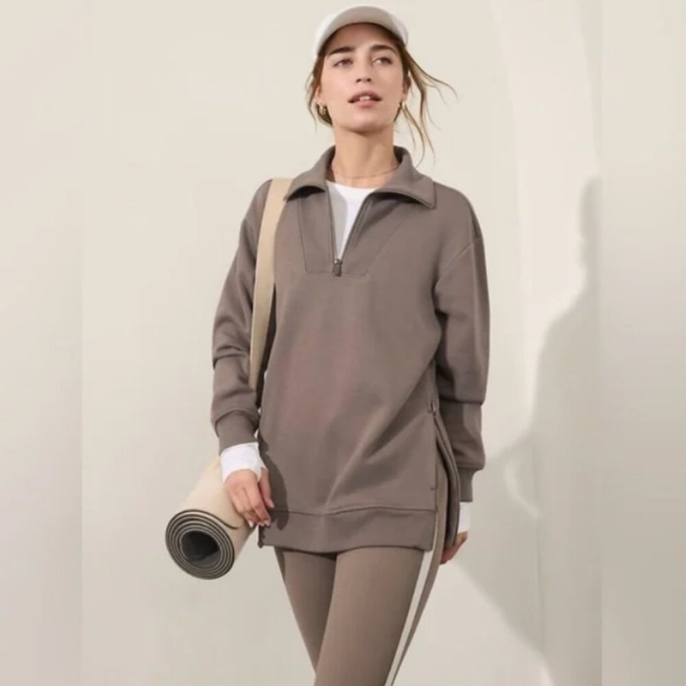 Athleta Cozy Karma 1/2 Zip‎ Sweatshirt Brown Tan Collar Relaxed Long Size XS
